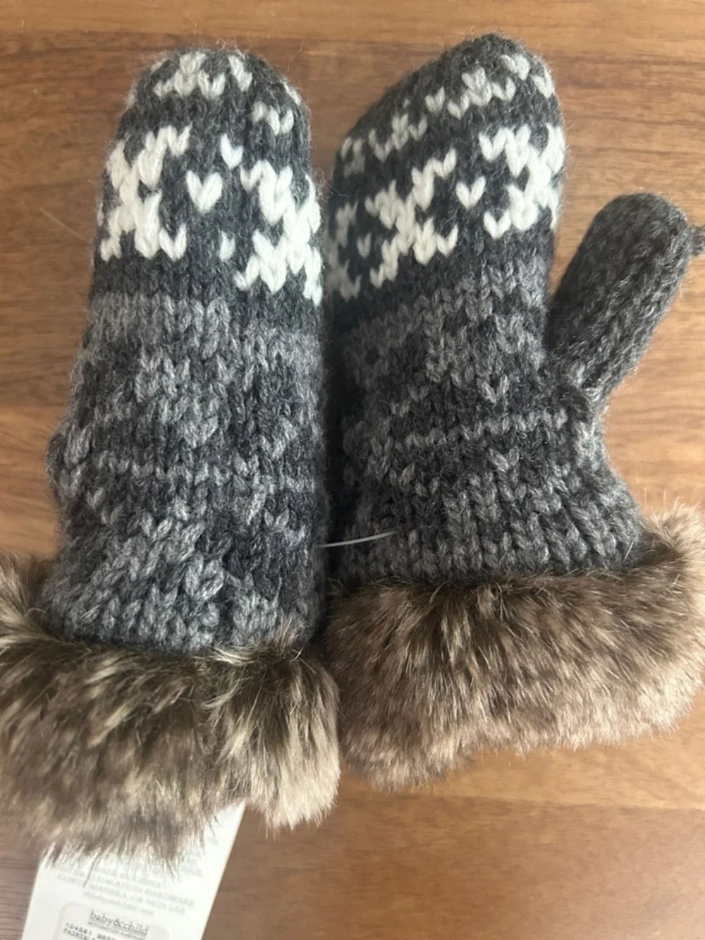 Fair Isle Faux Fur Trim Knit Mittens - Charcoal & Cream XS/S - NWT